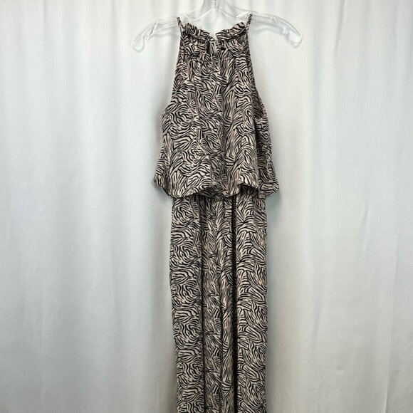 Gibson Womens Jumpsuit Beige/Black Zebra Print Halter Blouson Tie Crepe PXS - Picture 2 of 11